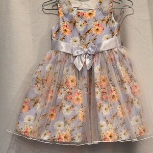 Beautiful Floral Tulle Bow Dress for Girls - Lavender with Peach & White Flowers